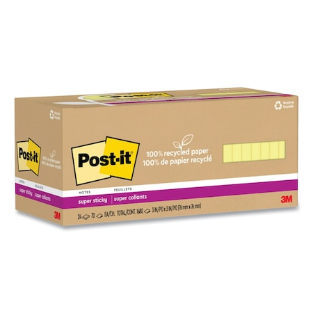 Post-It Recycled Paper Super Sticky Notes, 3 in. x 3 in., Canary Yellow, 70 Sheets/Pad, 24PK 70007079752